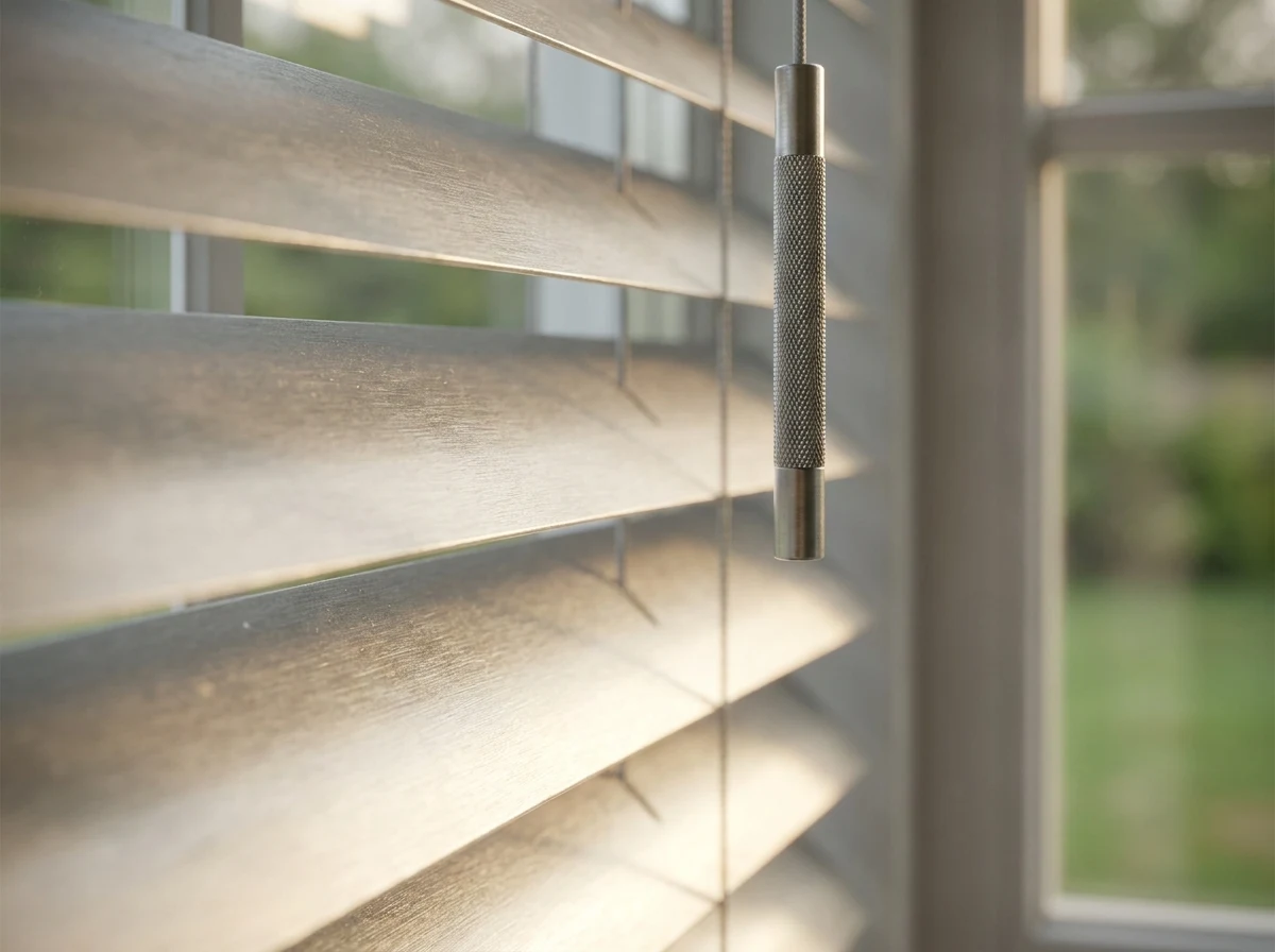 Extreme close-up of aluminium venetian blind slats tilted open, wand tilt control visible