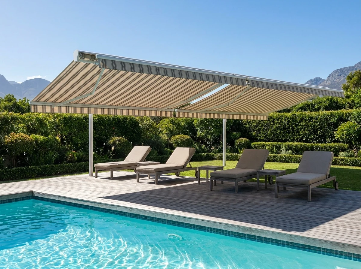 Folding-arm awning over a Constantia pool deck