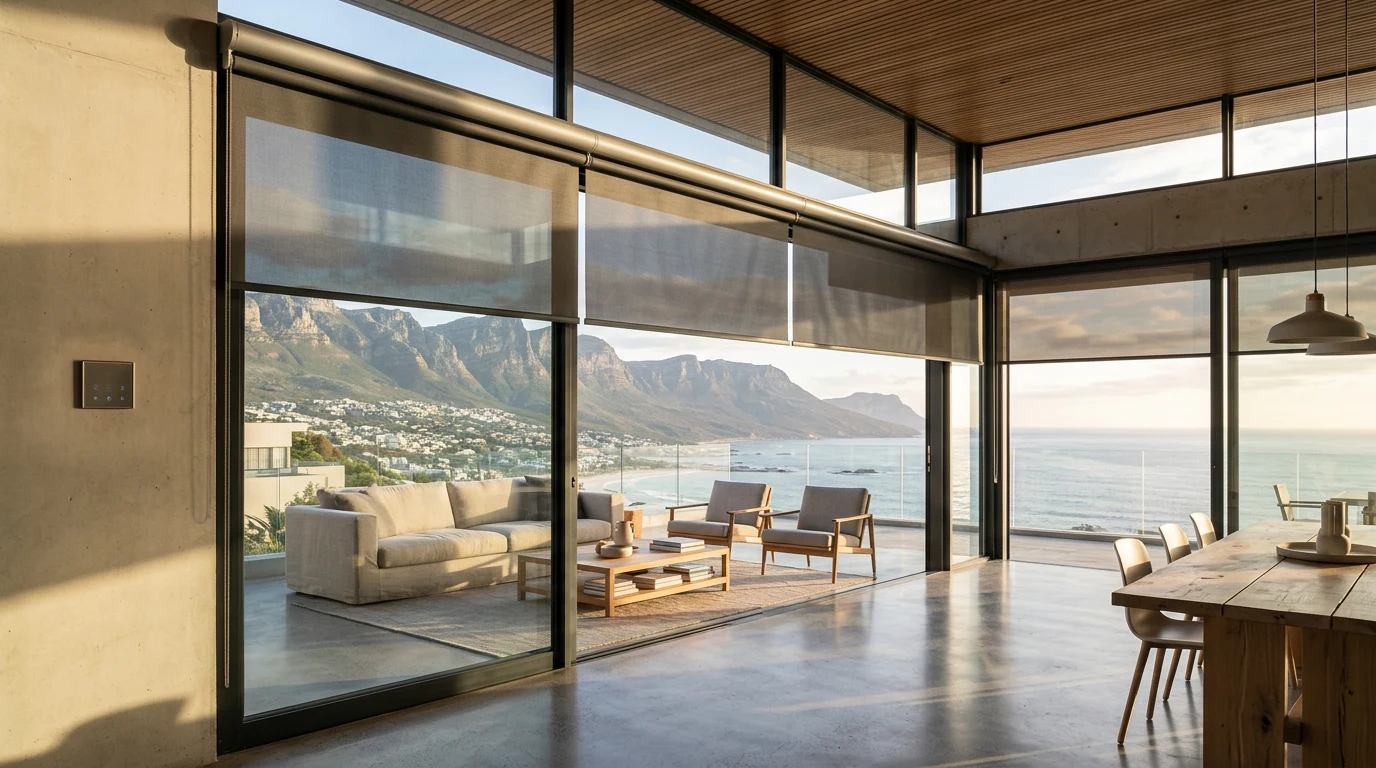 Modern living room with a motorised blind mid-close beside a wall-mounted automation control panel