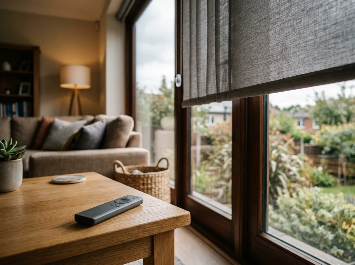 Motorised blind remote beside a Constantia living room window