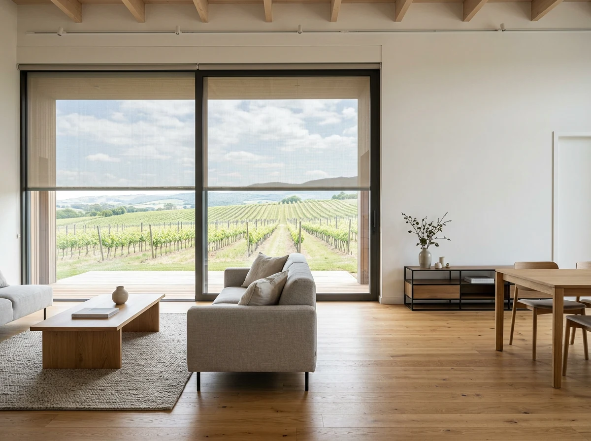 Wide sliding-door roller blind in a Constantia living room