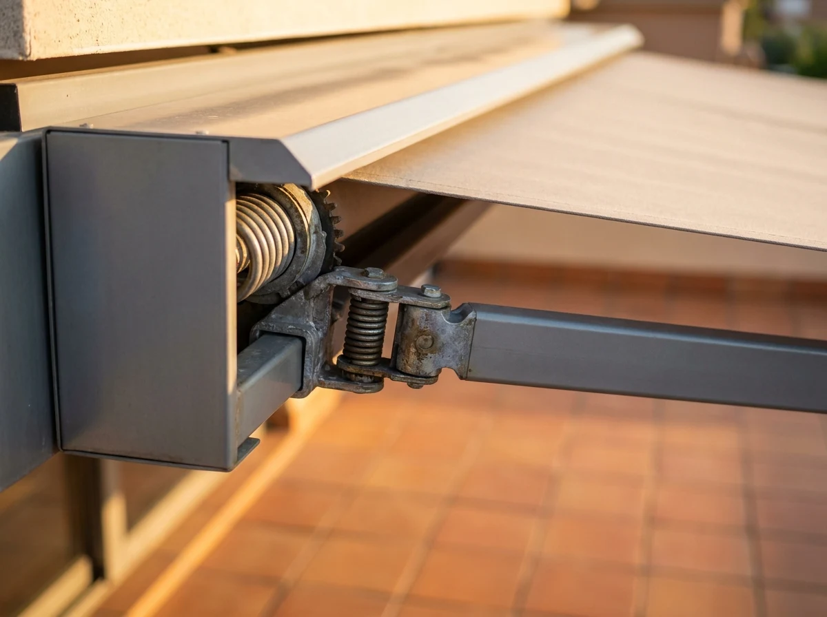 Close-up of a folding-arm awning mechanism partially extended over a Constantia patio